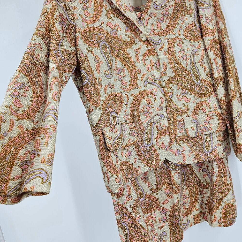 Vitange 70s Skirt Set Brown Button Down Long Sleeve Paisley Mod Secretary Sz 10 - Picture 5 of 12